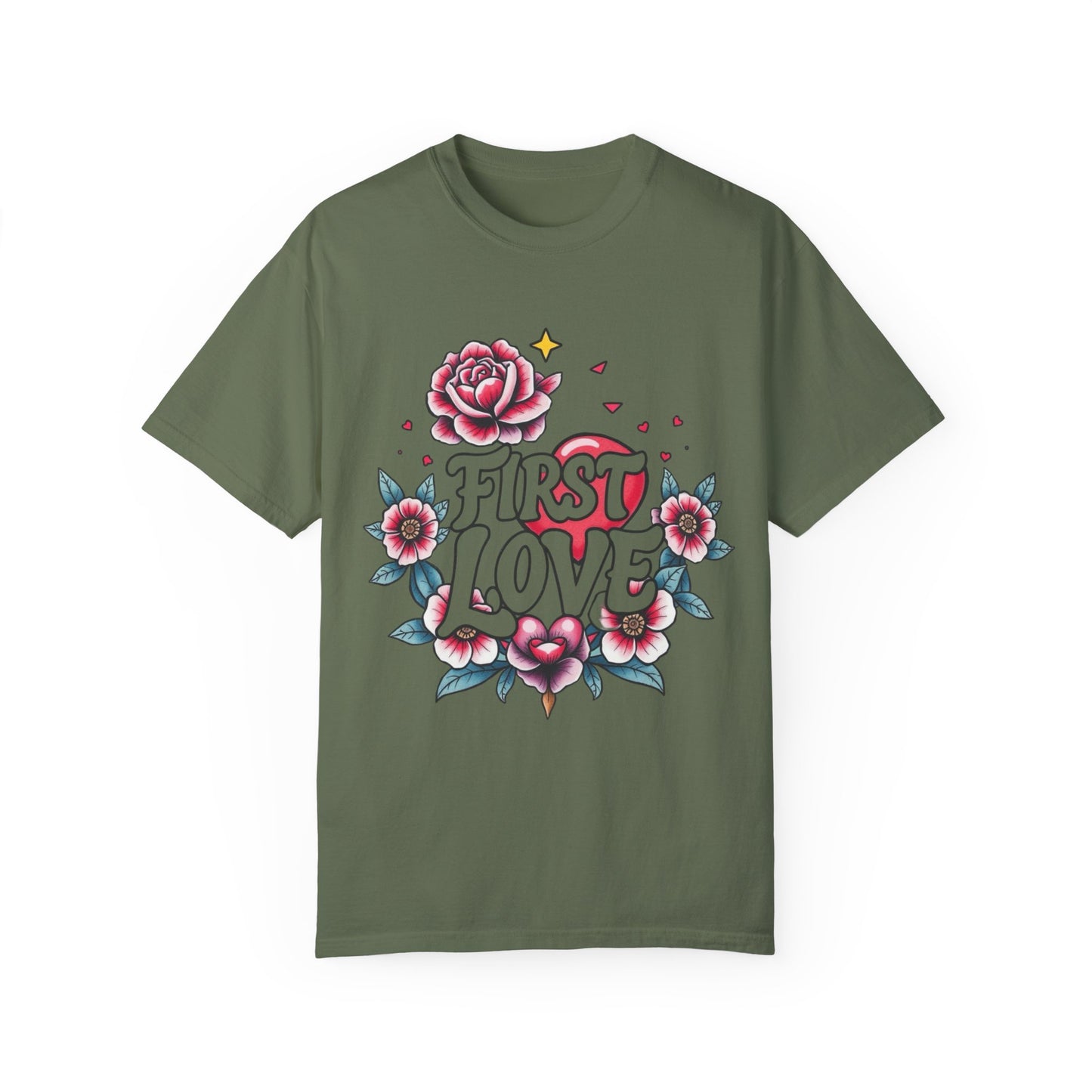 Unisex Floral 'First Love' Garment-Dyed T-Shirt for Romantic Occasions