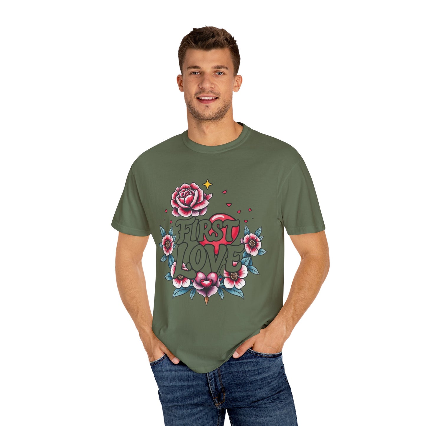 Unisex Floral 'First Love' Garment-Dyed T-Shirt for Romantic Occasions