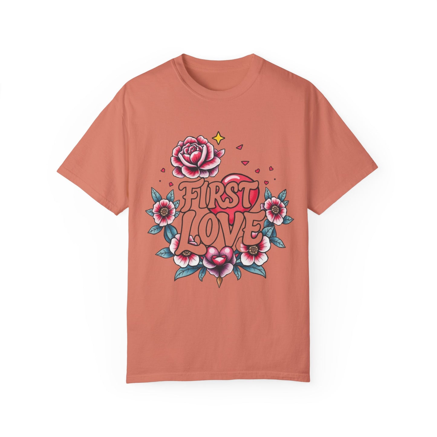 Unisex Floral 'First Love' Garment-Dyed T-Shirt for Romantic Occasions