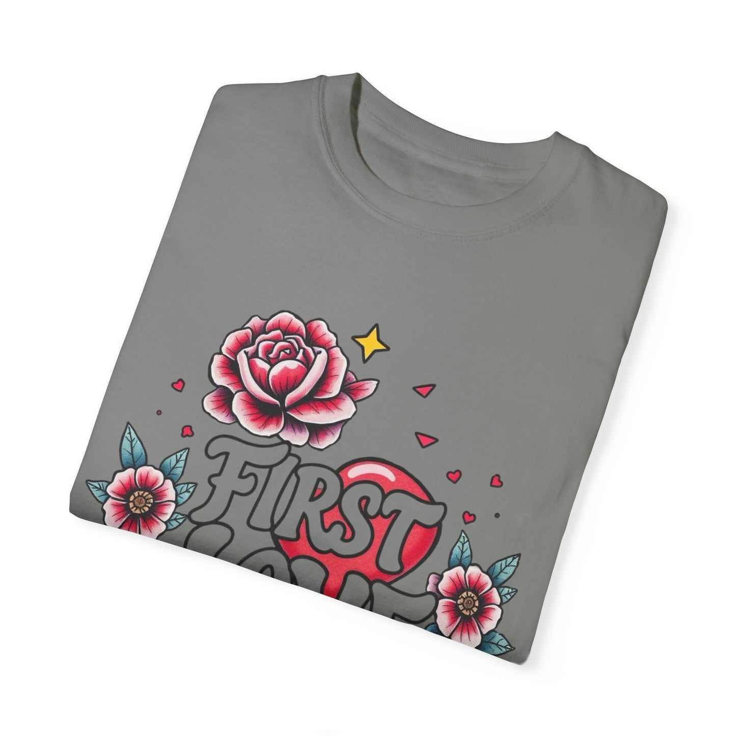 Unisex Floral 'First Love' Garment-Dyed T-Shirt for Romantic Occasions