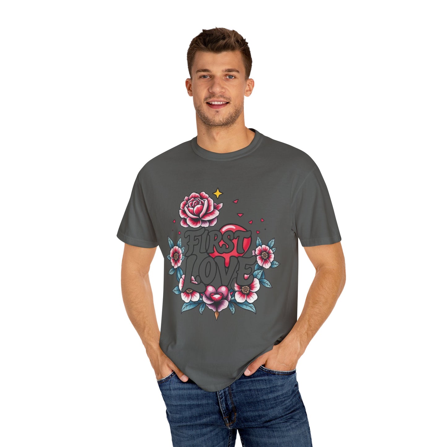 Unisex Floral 'First Love' Garment-Dyed T-Shirt for Romantic Occasions