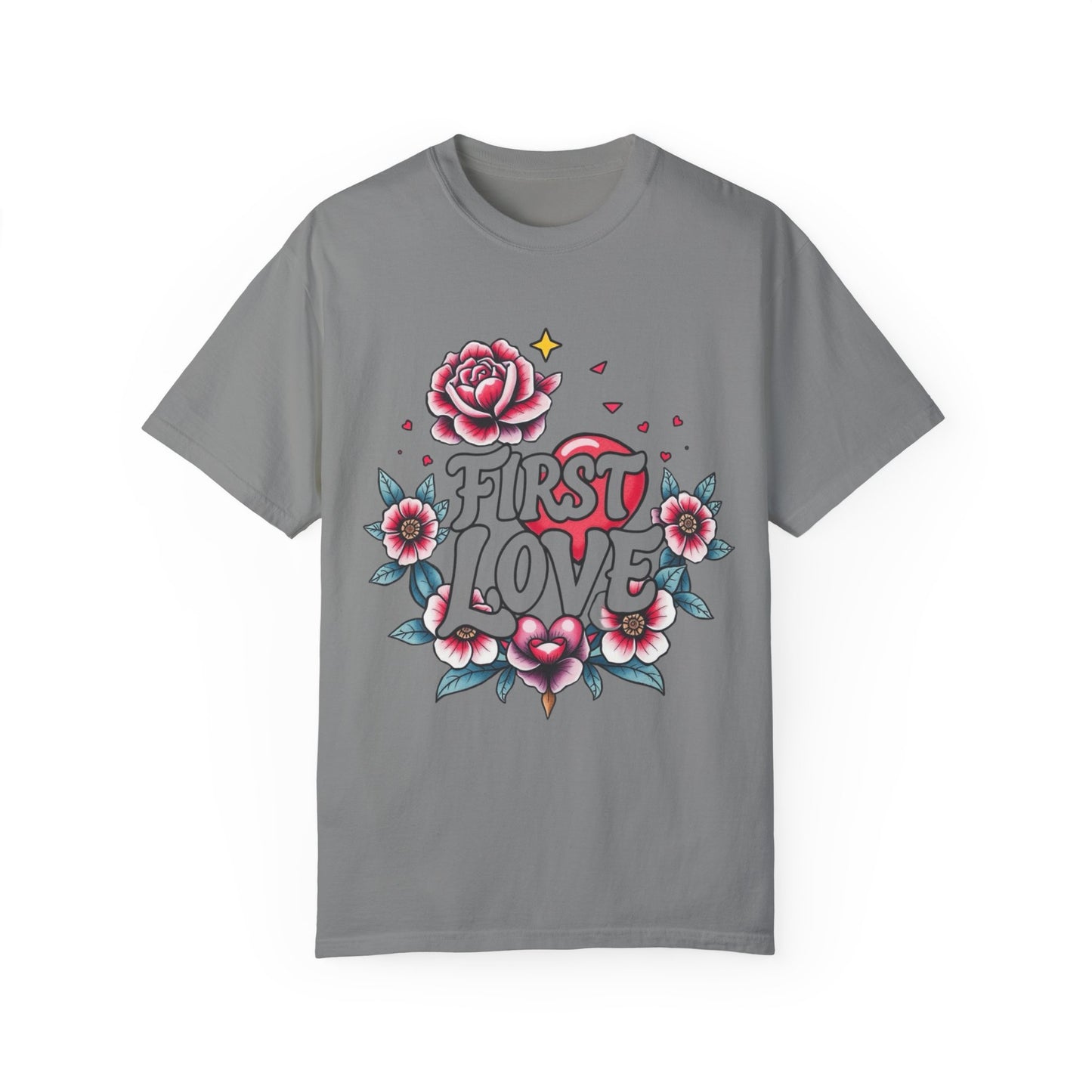 Unisex Floral 'First Love' Garment-Dyed T-Shirt for Romantic Occasions