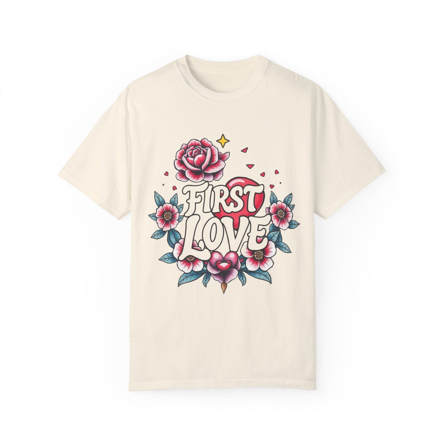 Unisex Floral 'First Love' Garment-Dyed T-Shirt for Romantic Occasions