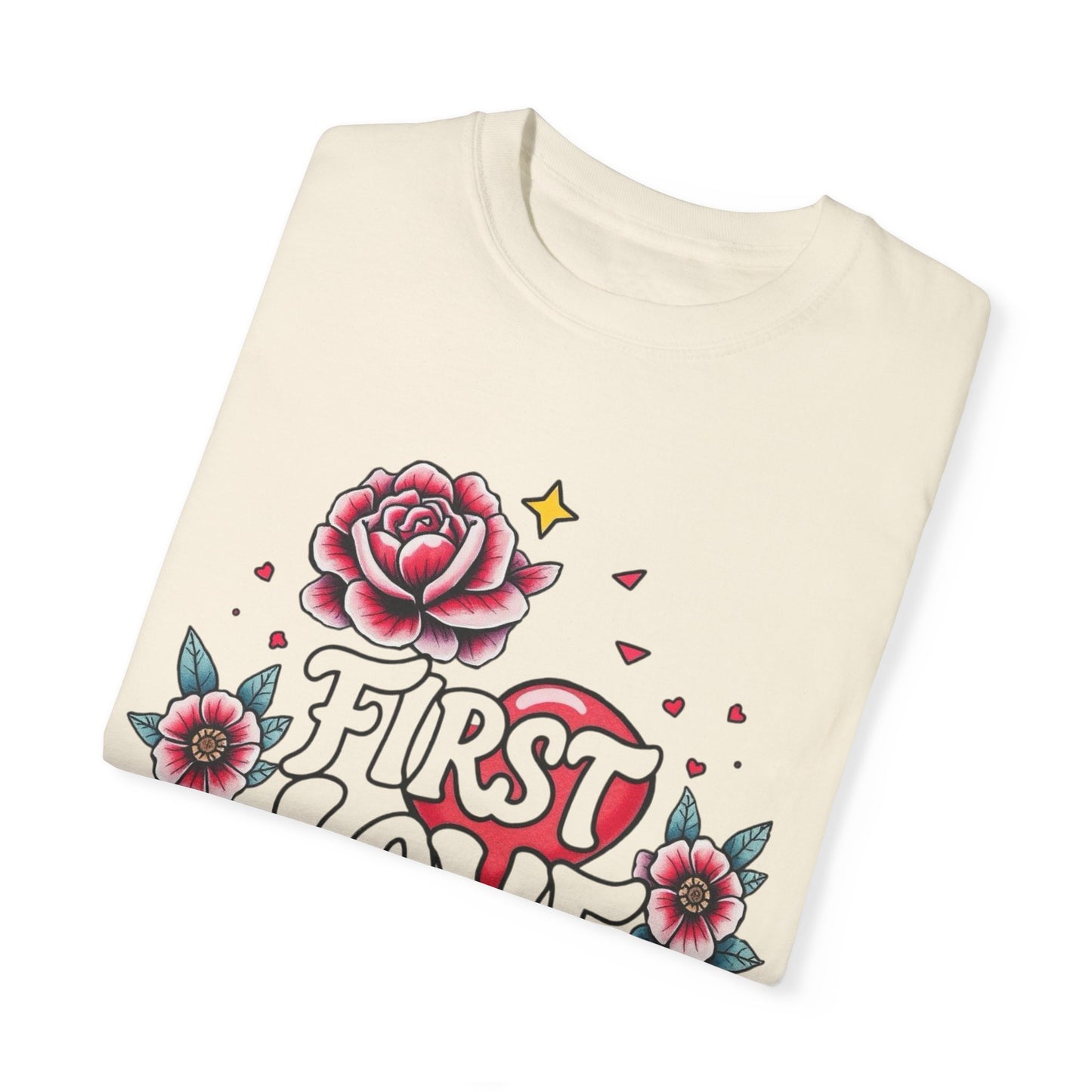 Unisex Floral 'First Love' Garment-Dyed T-Shirt for Romantic Occasions