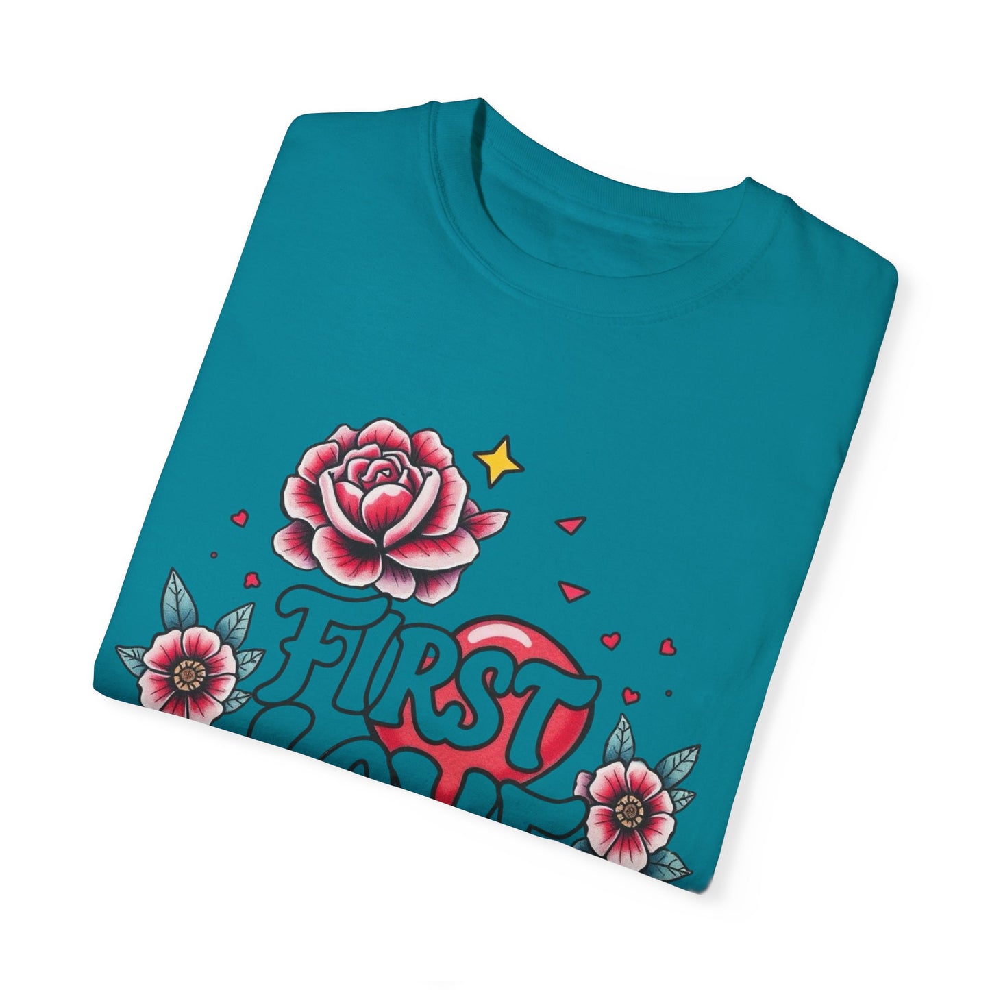 Unisex Floral 'First Love' Garment-Dyed T-Shirt for Romantic Occasions