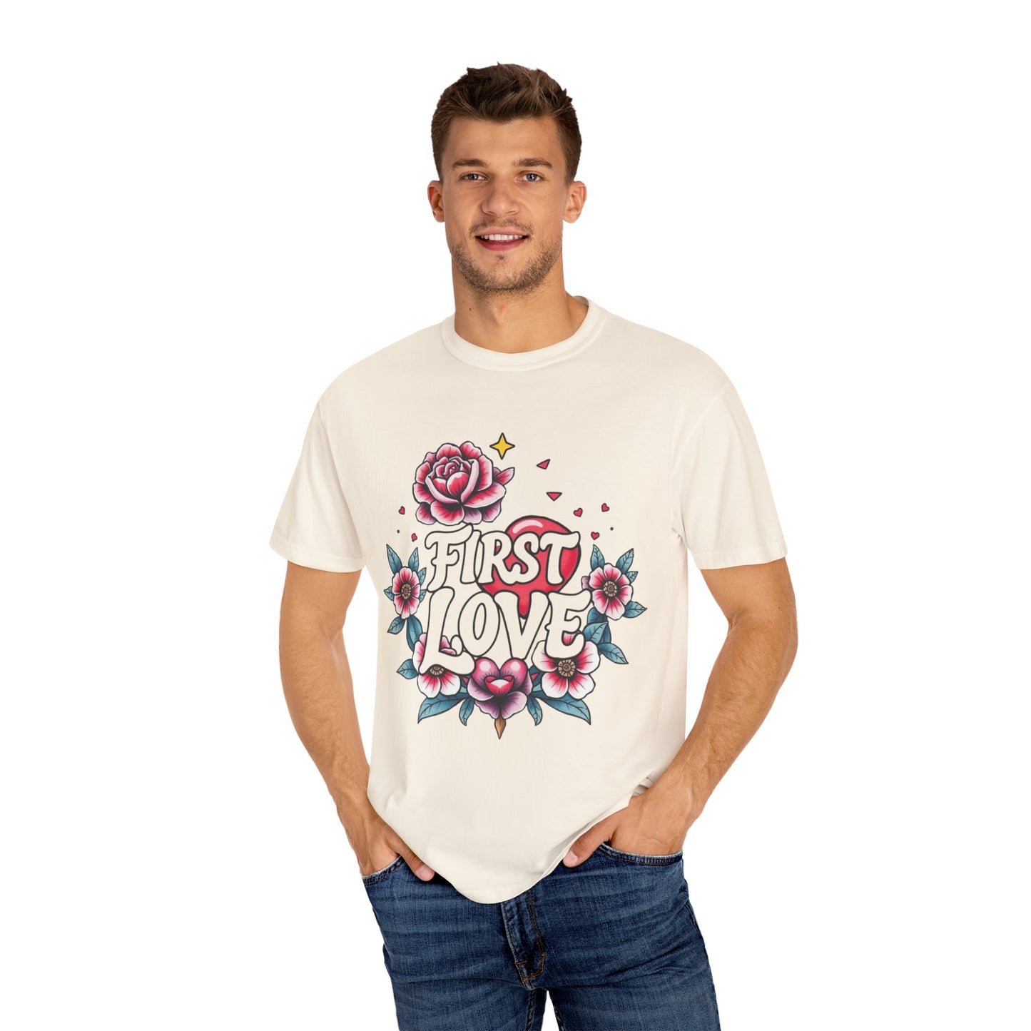 Unisex Floral 'First Love' Garment-Dyed T-Shirt for Romantic Occasions