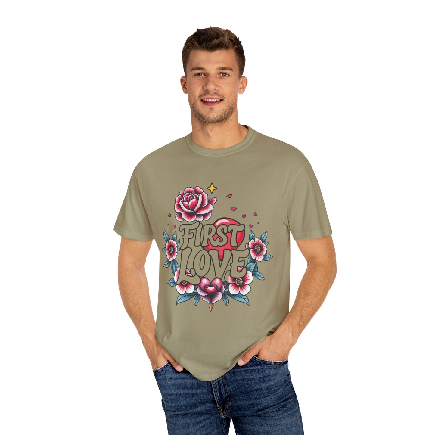 Unisex Floral 'First Love' Garment-Dyed T-Shirt for Romantic Occasions