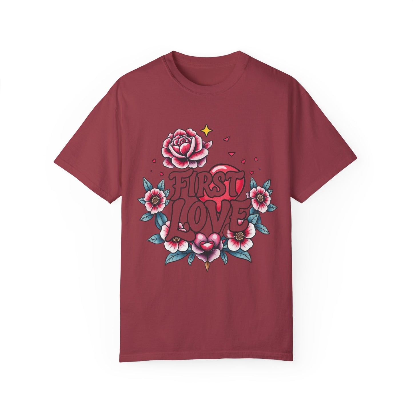 Unisex Floral 'First Love' Garment-Dyed T-Shirt for Romantic Occasions