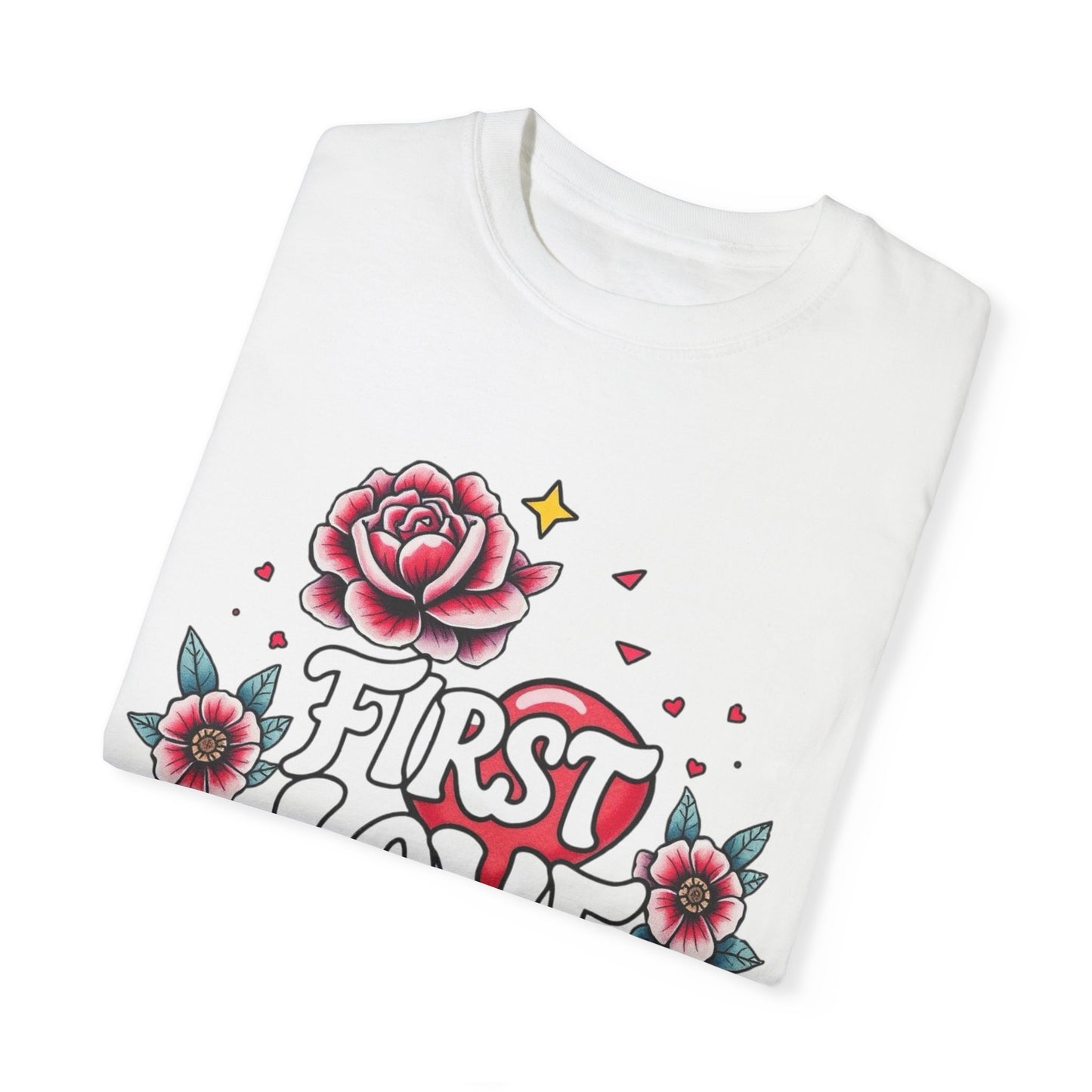 Unisex Floral 'First Love' Garment-Dyed T-Shirt for Romantic Occasions