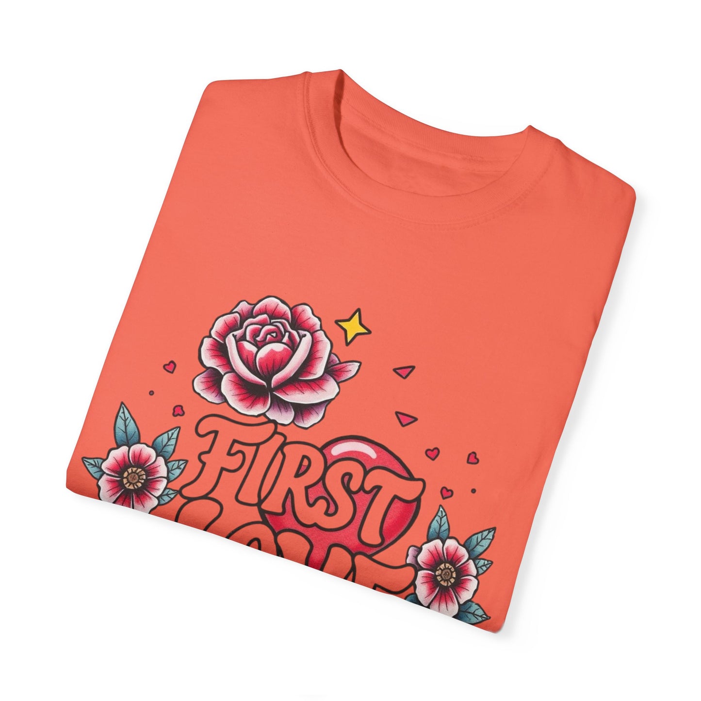 Unisex Floral 'First Love' Garment-Dyed T-Shirt for Romantic Occasions