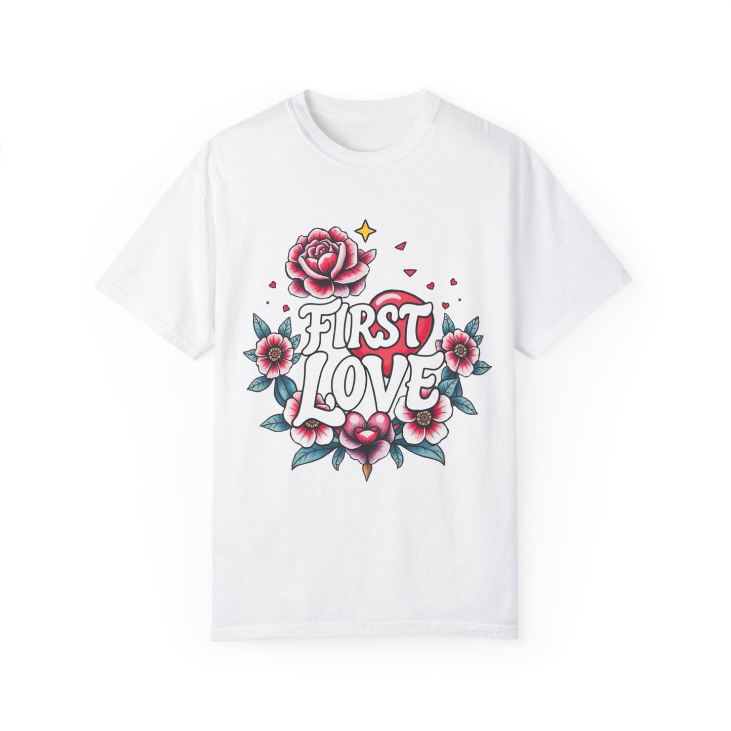 Unisex Floral 'First Love' Garment-Dyed T-Shirt for Romantic Occasions