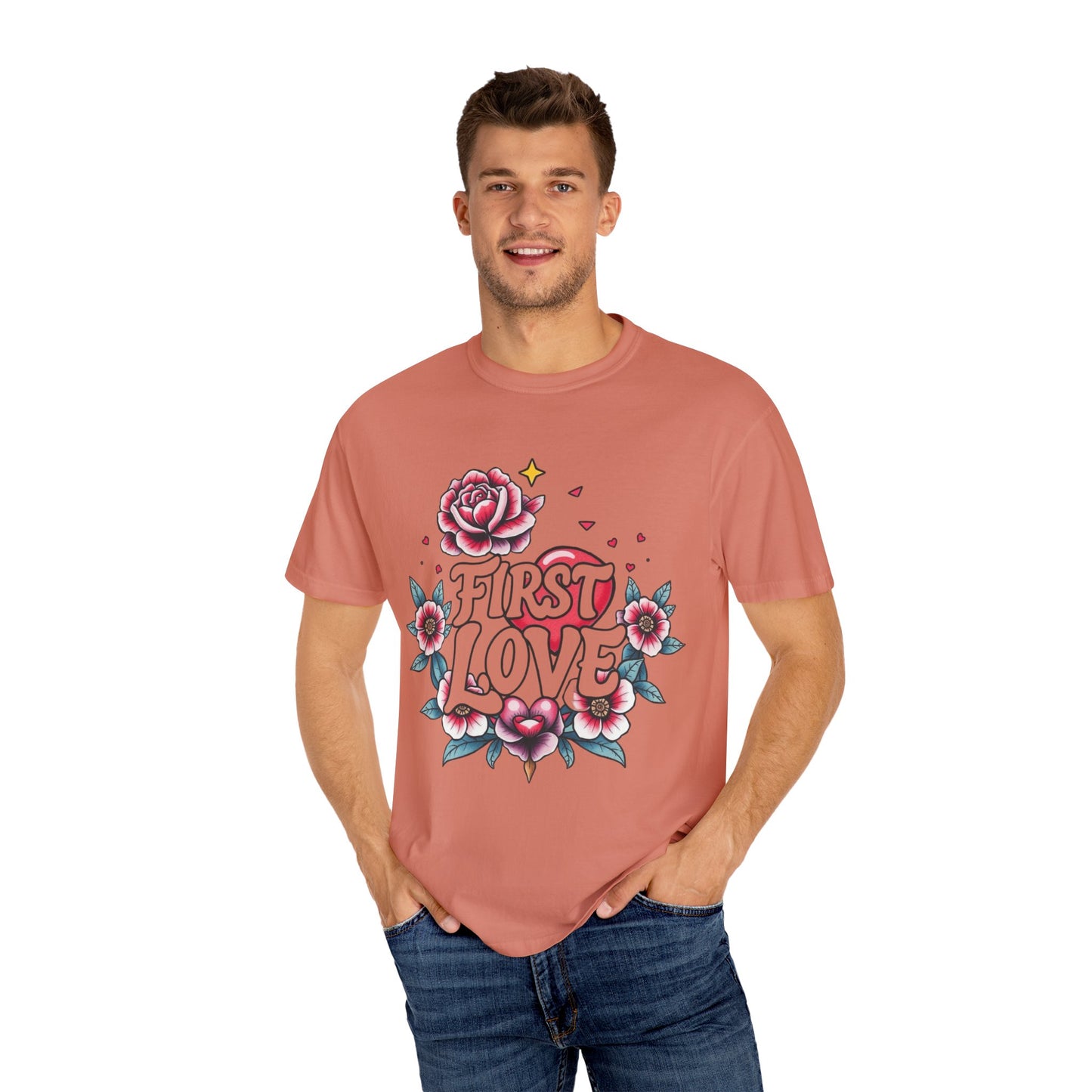 Unisex Floral 'First Love' Garment-Dyed T-Shirt for Romantic Occasions